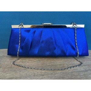 Jessica McClintock Blue Satin Clutch Optional Chain Silver Snap Close